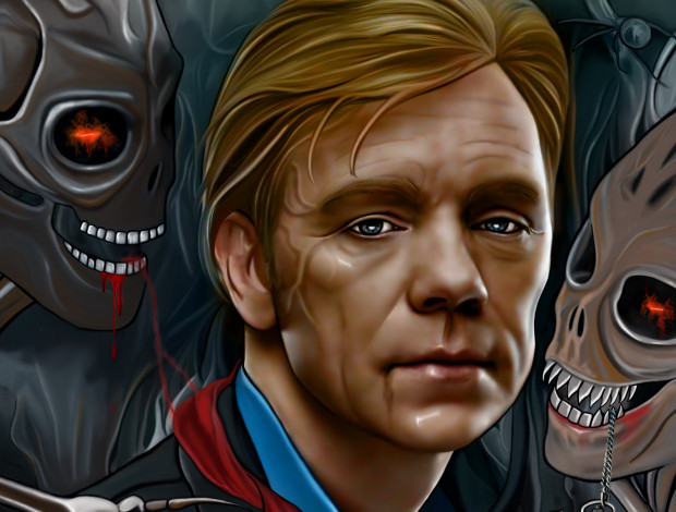 Обои картинки фото рисованное, люди, черепа, фон, мужчина, взгляд