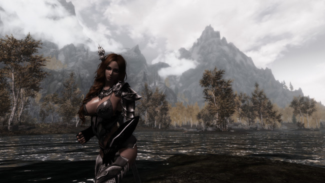 Обои картинки фото 3д графика, амазонки , amazon, девушка, взгляд, оружие, фон, skyrim, компаньонка, героиня, игра