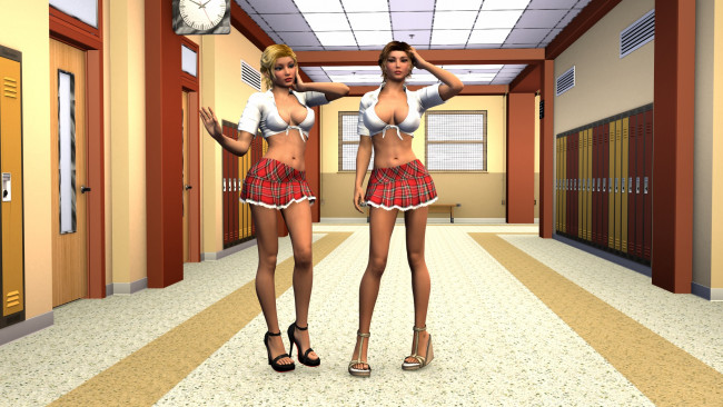 Обои картинки фото 3д графика, люди , people, интерьер, коридор, взгляд, фон, девушки