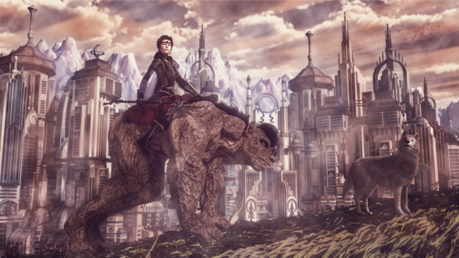 Обои картинки фото фэнтези, красавицы и чудовища, взгляд, девушка, город, существо, фон