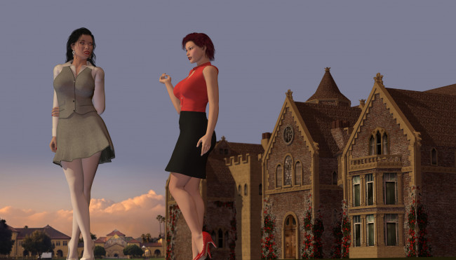 Обои картинки фото 3д графика, люди , people, дом, фон, девушки, взгляд