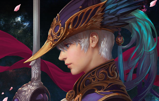 Обои картинки фото фэнтези, люди, лепестки, крупный, план, перья, головной, убор, меч, блондин, парень