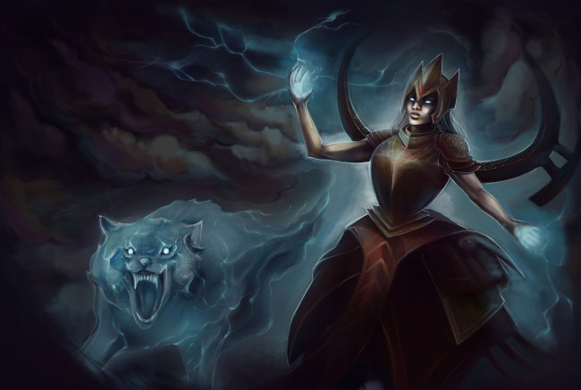 Обои картинки фото фэнтези, маги,  волшебники, взгляд, магия, волк, девушка, фон