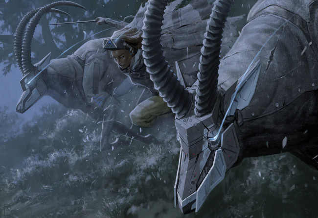 Обои картинки фото фэнтези, роботы,  киборги,  механизмы, девушка, робот, антилопа, арт, рога, убийца, наемник, солдат