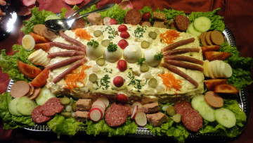 Картинка еда салаты +закуски овощи ассорти яйца колбаса огурцы помидоры закуски