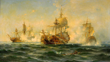 Картинка рисованное живопись фрегат бой шлюпка