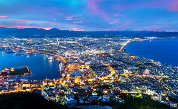 Картинка города -+панорамы закат горы море огни панорама хоккайдо