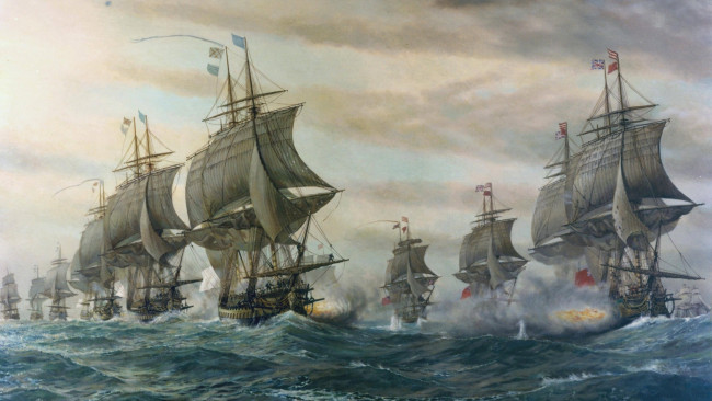 Обои картинки фото рисованное, живопись, фрегат, бой, шлюпка