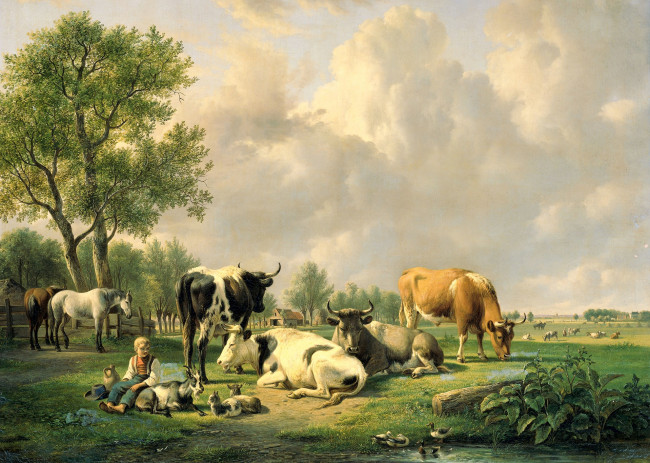 Обои картинки фото рисованное, живопись, животные, масло, картина, холст, jan, van, ravenswaay, луг, с, крупным, рогатым, скотом