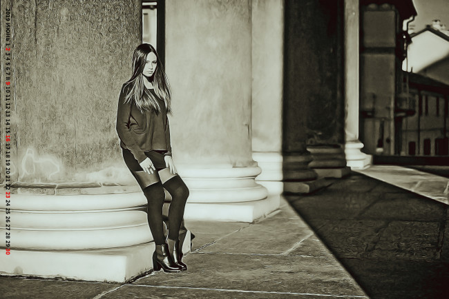 Обои картинки фото календари, компьютерный дизайн, улица, колонна, девушка