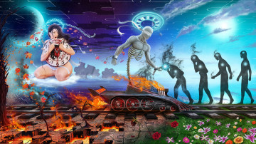 Картинка рисованное живопись девушка фон железная дорога скелет