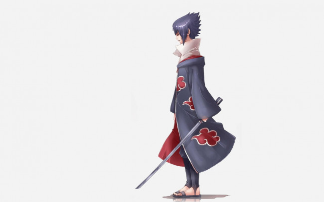 Обои картинки фото аниме, naruto, учиха, саске, меч, плащ, акацки