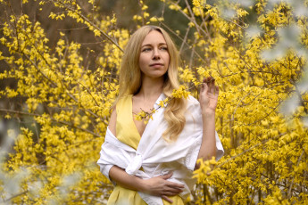 Картинка девушки -+блондинки +светловолосые блондинка платье кусты цветение