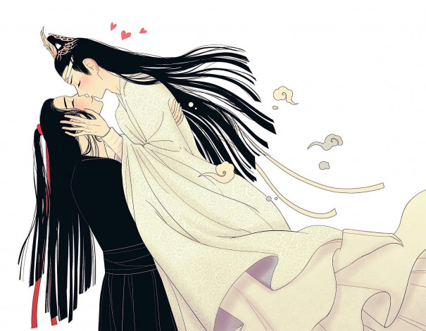 Обои картинки фото аниме, mo dao zu shi, вэй, усянь, лань, ванцзы, поцелуй