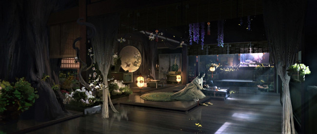 Обои картинки фото аниме, город,  улицы,  интерьер,  здания, человек, комната, цветы