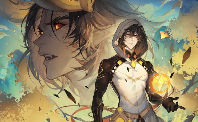 Обои картинки фото аниме, genshin impact, парень, магия, клыки