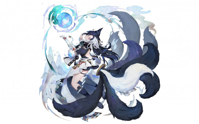 Обои картинки фото аниме, животные,  существа, девушка, хвосты, магия