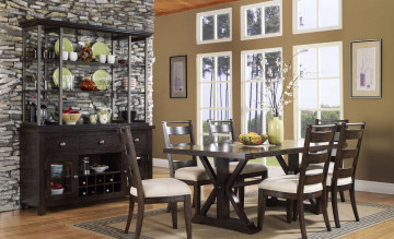 Картинка интерьер столовая шкаф посуда обеденный стол стулья