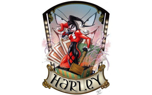 Обои картинки фото рисованное, комиксы, харли, куин, костюм, молот, карты, глаза