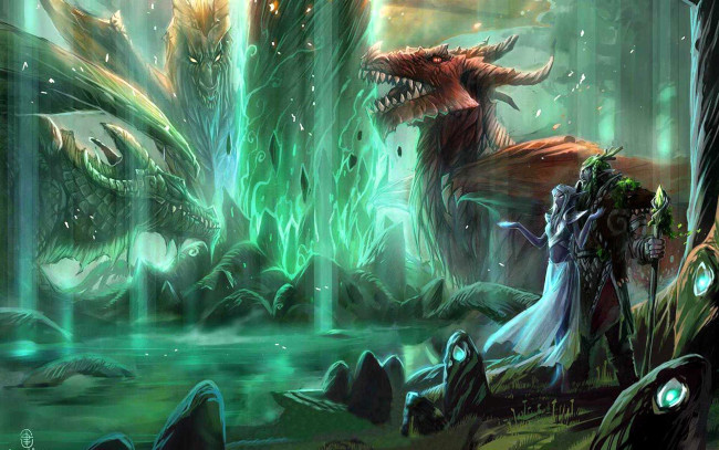 Обои картинки фото видео игры, world of warcraft, драконы, озеро, пещера, камни, эльфы