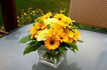 Картинка цветы букеты композиции желтый герберы каллы георгины