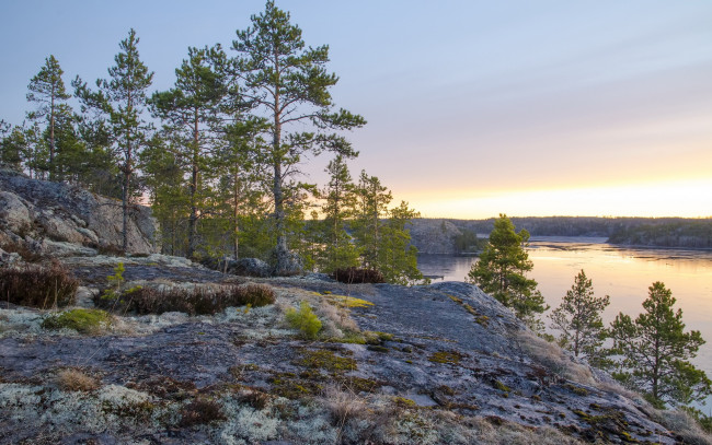 Обои картинки фото природа, реки, озера, мох, панорама, озеро, деревья, камни, трава