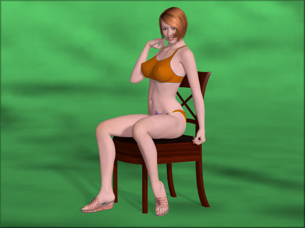 Обои картинки фото 3д графика, люди , people, девушка, взгляд, рыжая, улыбка, кресло