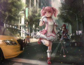 Картинка аниме mahou+shoujo+madoka+magika фонари улица девочки город арт автомобиль mahou shoujo madoka magica novcel деревья