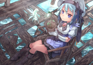 Картинка аниме животные +существа saraki горшок фея девочка стул арт цветок