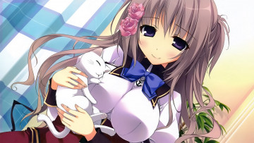 Картинка аниме животные +существа розы кошка девушка арт morerin