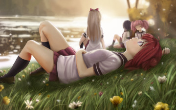 Картинка аниме yuru+yuri арт akaza akari novcel yoshikawa chinatsu funami yui toshinou kyouko луг девушки yuru yuri