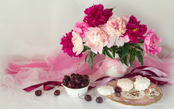 Картинка еда натюрморт пионы букет черешня зефир тарелка ткань