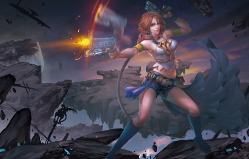 обоя видео игры, final fantasy ii, арт, xing, ye, final, fantasy, una, девушка, скалы, оружие, выстрел