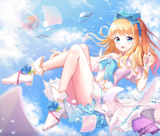 Обои картинки фото аниме, unknown,  другое, листы, ручка, девушка, небо, арт, shoonear