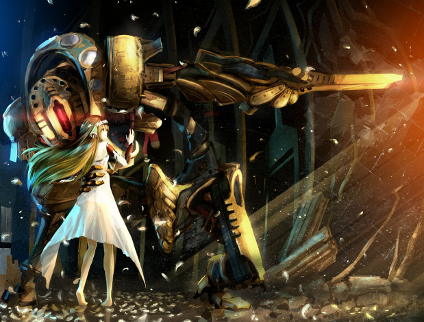 Обои картинки фото аниме, оружие,  техника,  технологии, surge, concerto, ion, earthes, ar, nosurge, ode, to, an, unborn, star, девочка, лучи, свет, меч, робот, арт