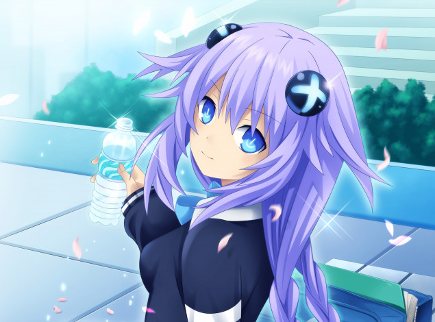 Обои картинки фото аниме, hyperdimension neptunia, взгляд, hyperdimension, neptunia, девушка, бутылка, purple, heart, арт, planeptune