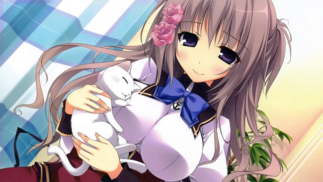 Обои картинки фото аниме, животные,  существа, розы, кошка, девушка, арт, morerin