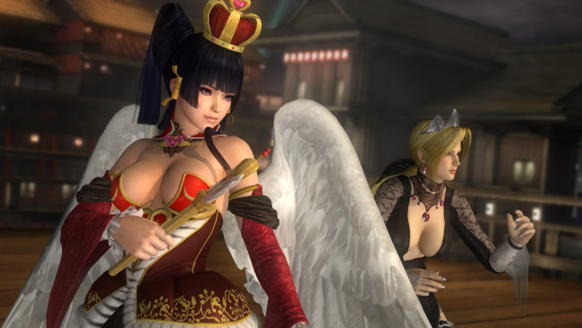 Обои картинки фото видео игры, dead or alive 5, фон, корона, шест, ангел, взгляд, девушка