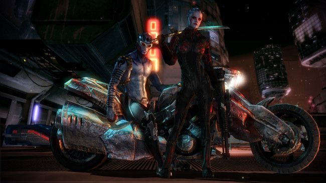 Обои картинки фото видео игры, mass effect, оружие, фон, взгляд, девушка, мотоцикл, персонаж