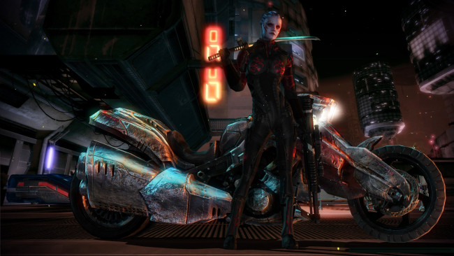 Обои картинки фото видео игры, mass effect, взгляд, девушка, мотоцикл, оружие, фон