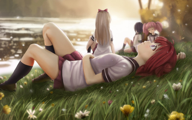 Обои картинки фото аниме, yuru yuri, арт, akaza, akari, novcel, yoshikawa, chinatsu, funami, yui, toshinou, kyouko, луг, девушки, yuru, yuri