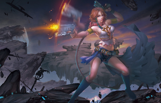 Обои картинки фото видео игры, final fantasy ii, арт, xing, ye, final, fantasy, una, девушка, скалы, оружие, выстрел