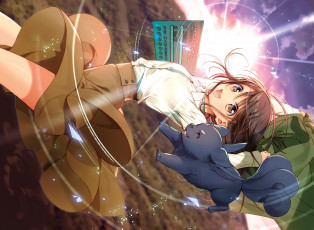 Картинка аниме животные +существа девочка зверёк закат