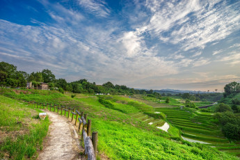 Картинка Япония природа дороги постройка поля забор облака