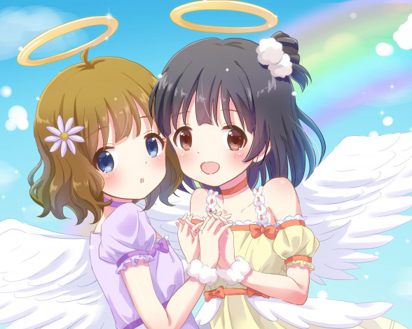 Обои картинки фото аниме, idolm@ster, взгляд, фон, девушки