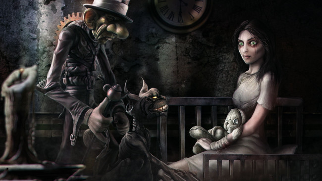 Обои картинки фото видео игры, alice,  madness returns, девушка, мужчина, кот, фон