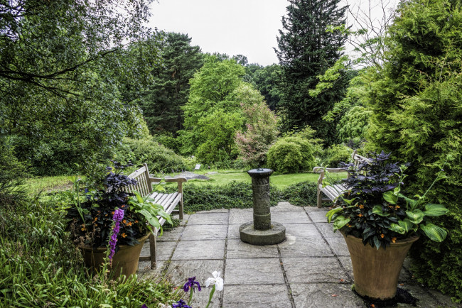 Обои картинки фото природа, парк, деревья, скамейки, горшки