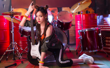 Картинка музыка -другое лицо поза стиль взгляд барабаны девушка гитара