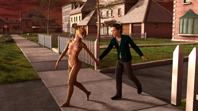 Обои картинки фото 3д графика, фантазия , fantasy, парень, взгляд, фон, леопард, кошка