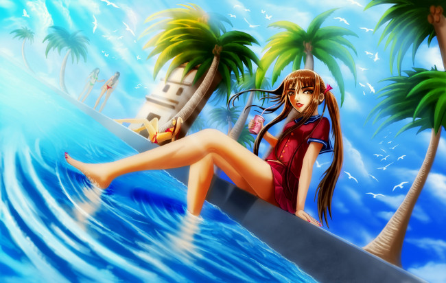 Обои картинки фото разное, арты, фон, бассейн, девушка, взгляд